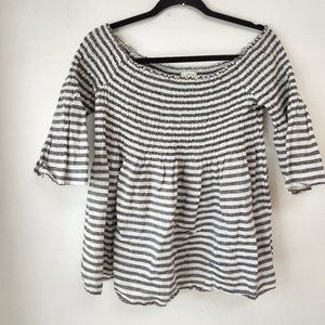 C&C California 100% Linen Smocked Striped Off-the-Shoulder Blouse Top Women's M